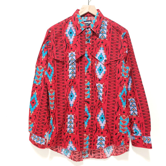 Vtg Wrangler Mens SIZE 16-35 Red SouthWestern Cowboy Cut X-Long Tail Shirt Rare - Picture 1 of 11